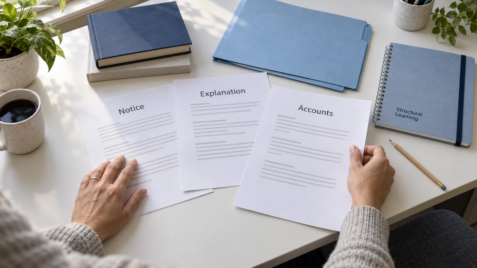 Adult hands arrange sheets labelled Notice, Explanation and Accounts beside books and a planning notebook.