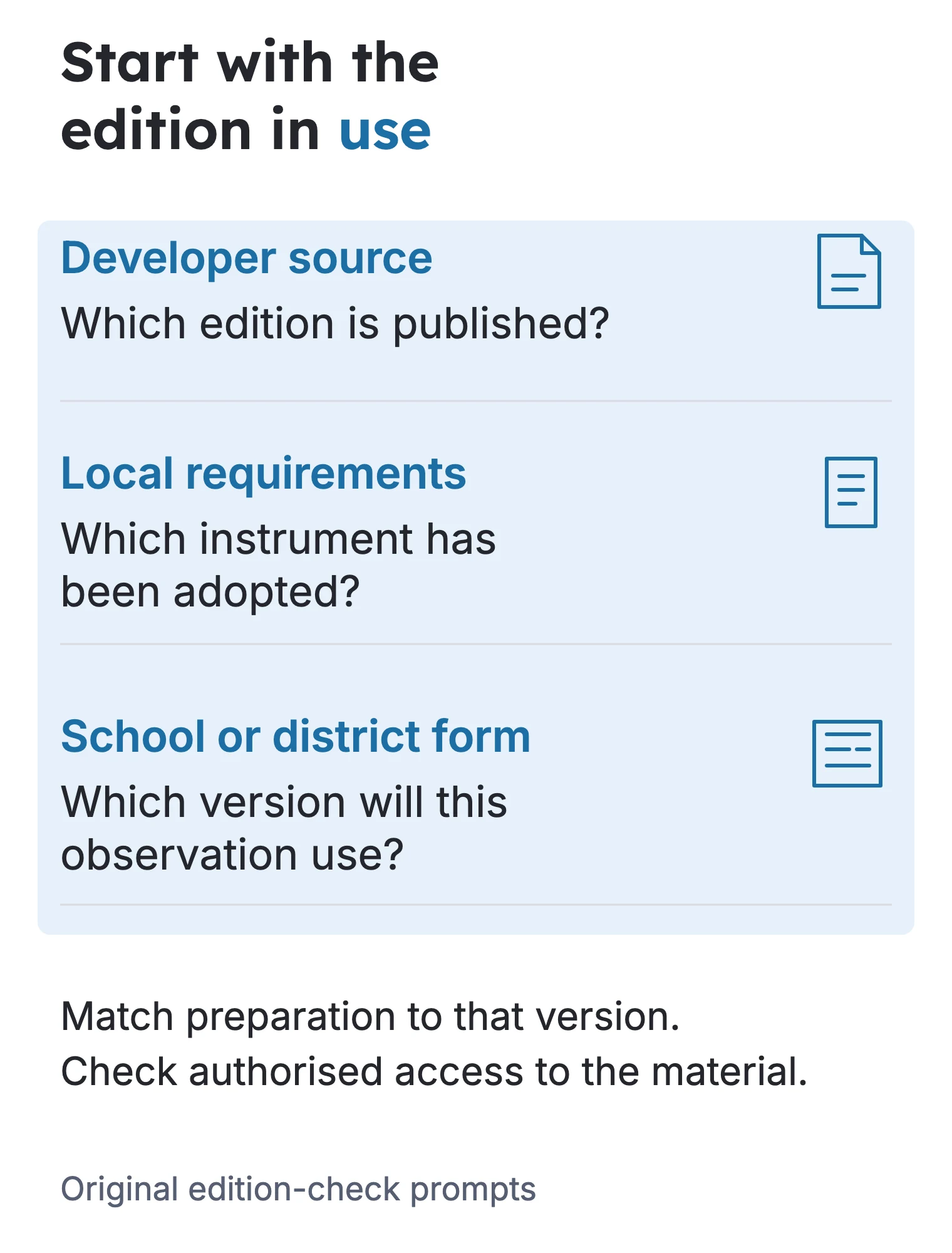 Three checks separate the developer’s published edition, local adoption requirements and the form used for observation.