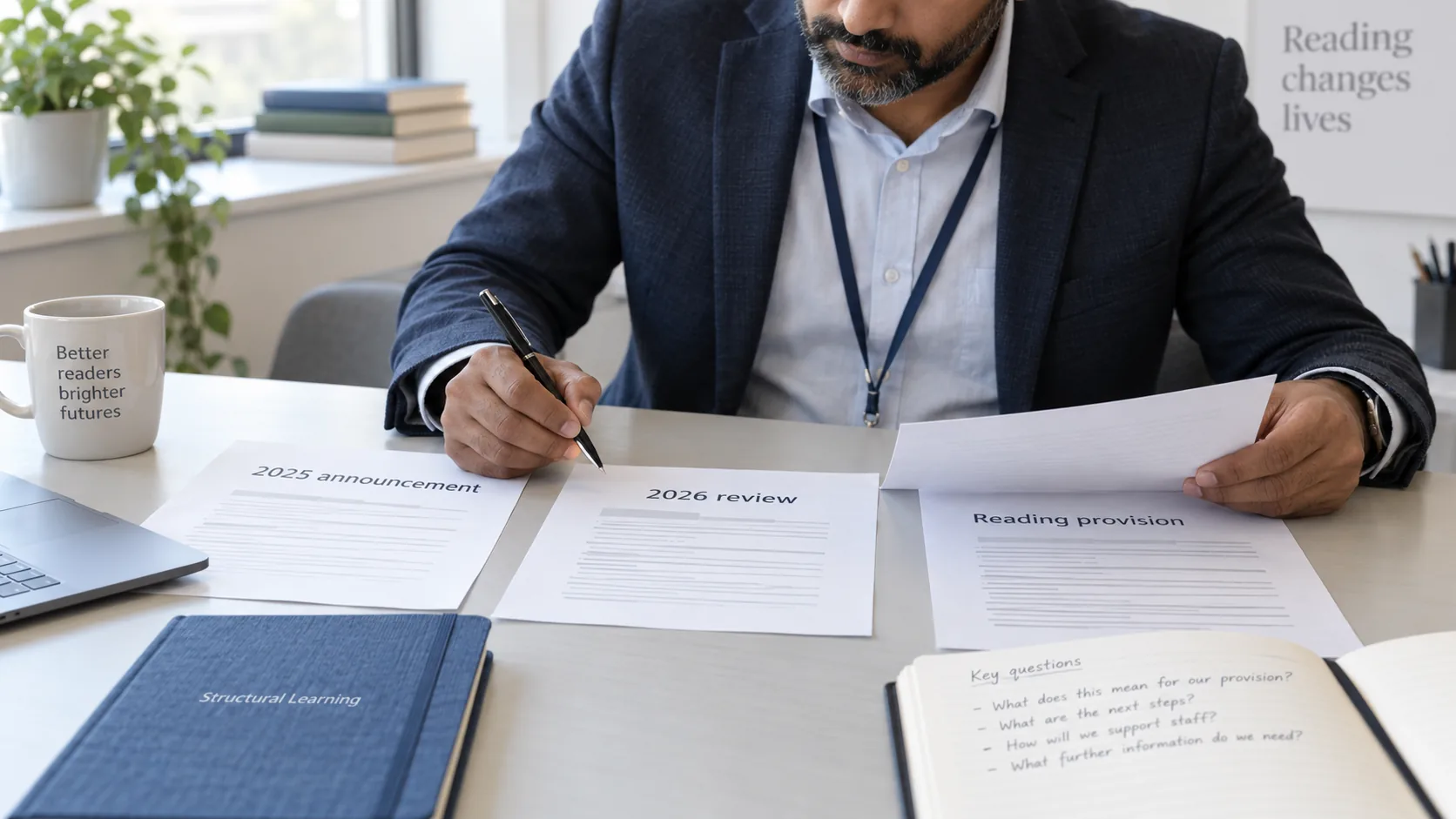 An adult school leader compares dated reading-policy summaries beside a notebook for reviewing reading provision.