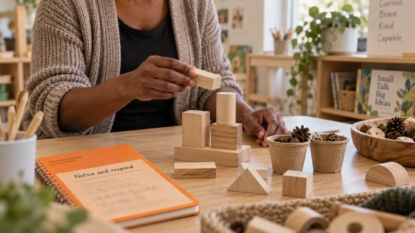 An adult educator handles wooden blocks beside an orange notebook and small pots of natural play materials.