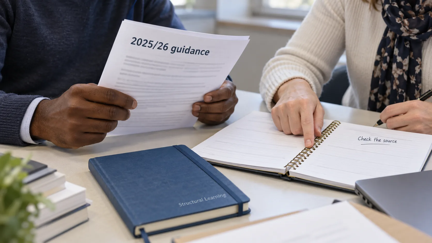 Two adult colleagues compare a dated guidance sheet beside a blank planning notebook and a blue Structural Learning book.