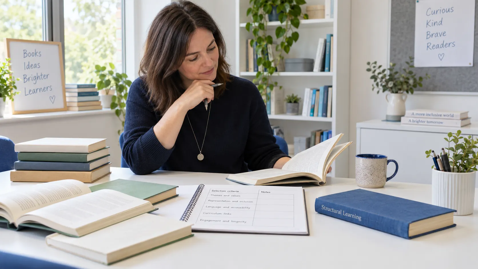 An adult teacher reviews open books beside a selection-criteria notebook and a blue Structural Learning book.