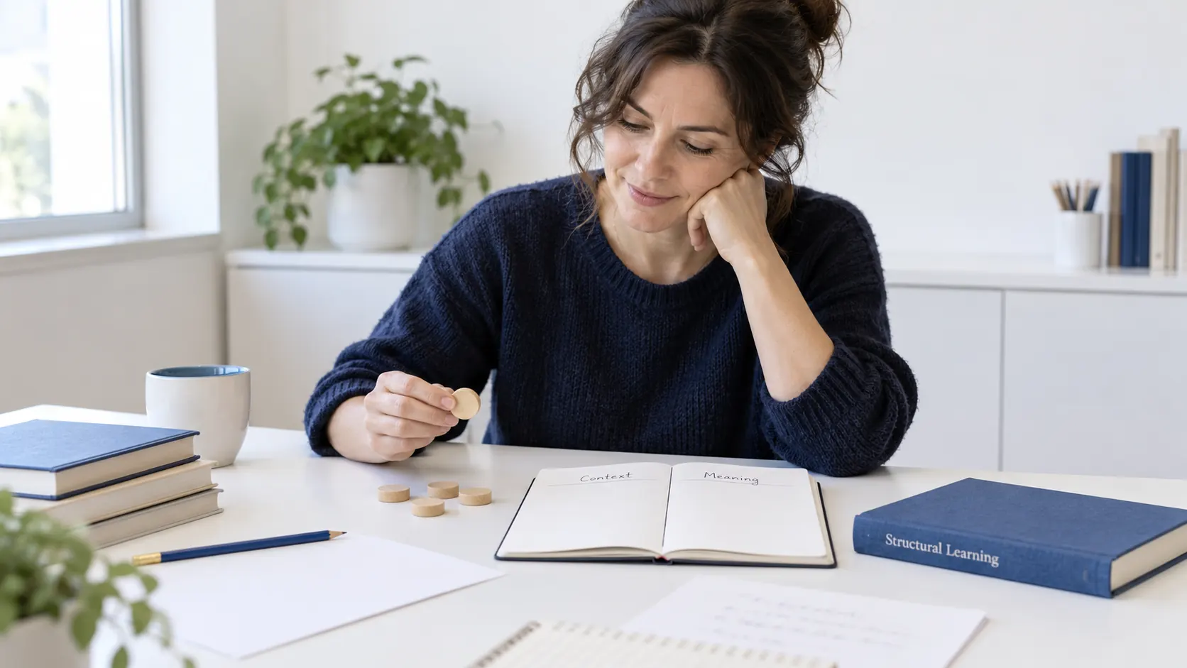 An adult teacher holds a wooden counter beside a Context and Meaning notebook and a blue Structural Learning book.