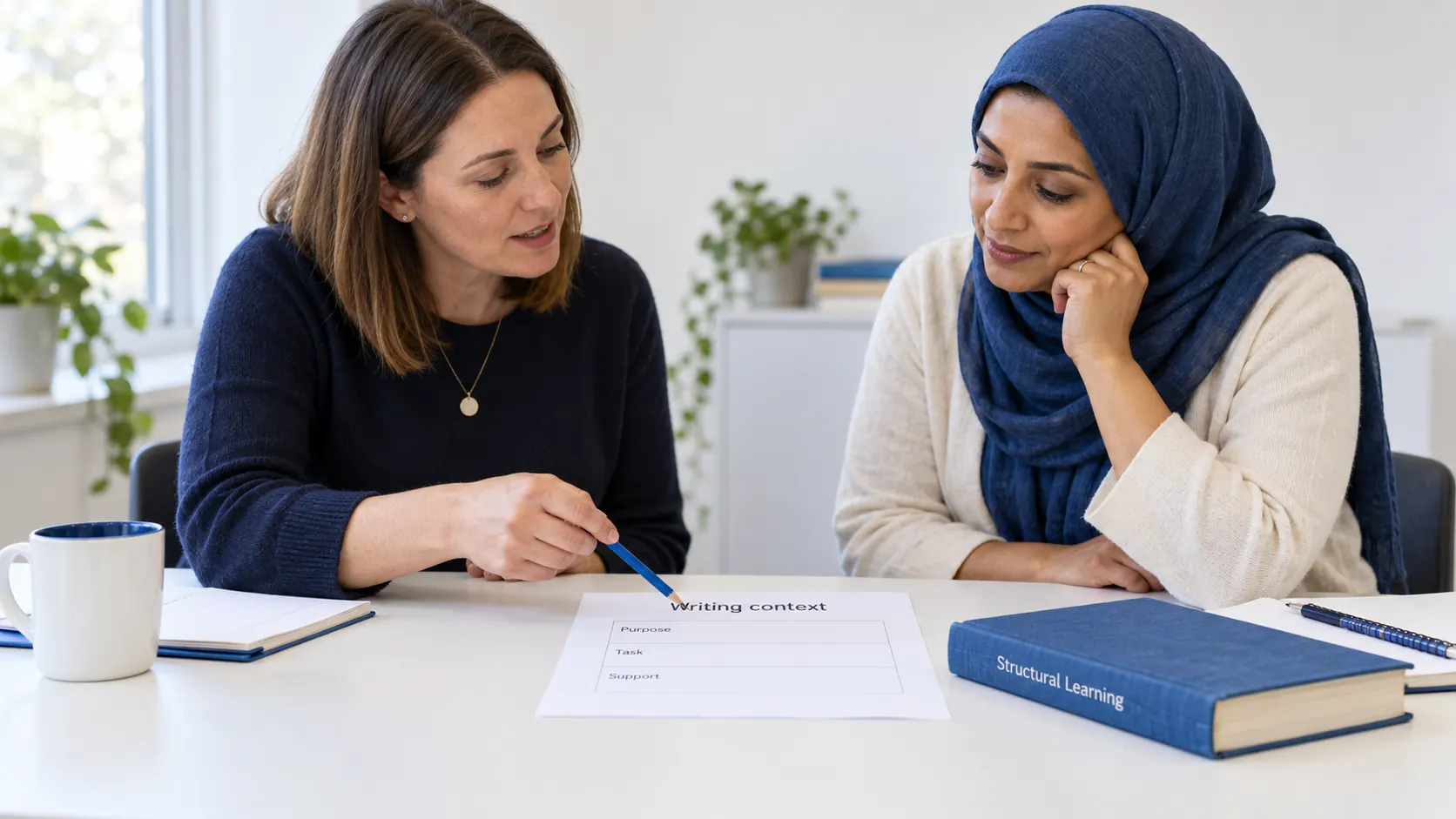 Two adult colleagues discuss a blank Writing context sheet beside a blue Structural Learning book.