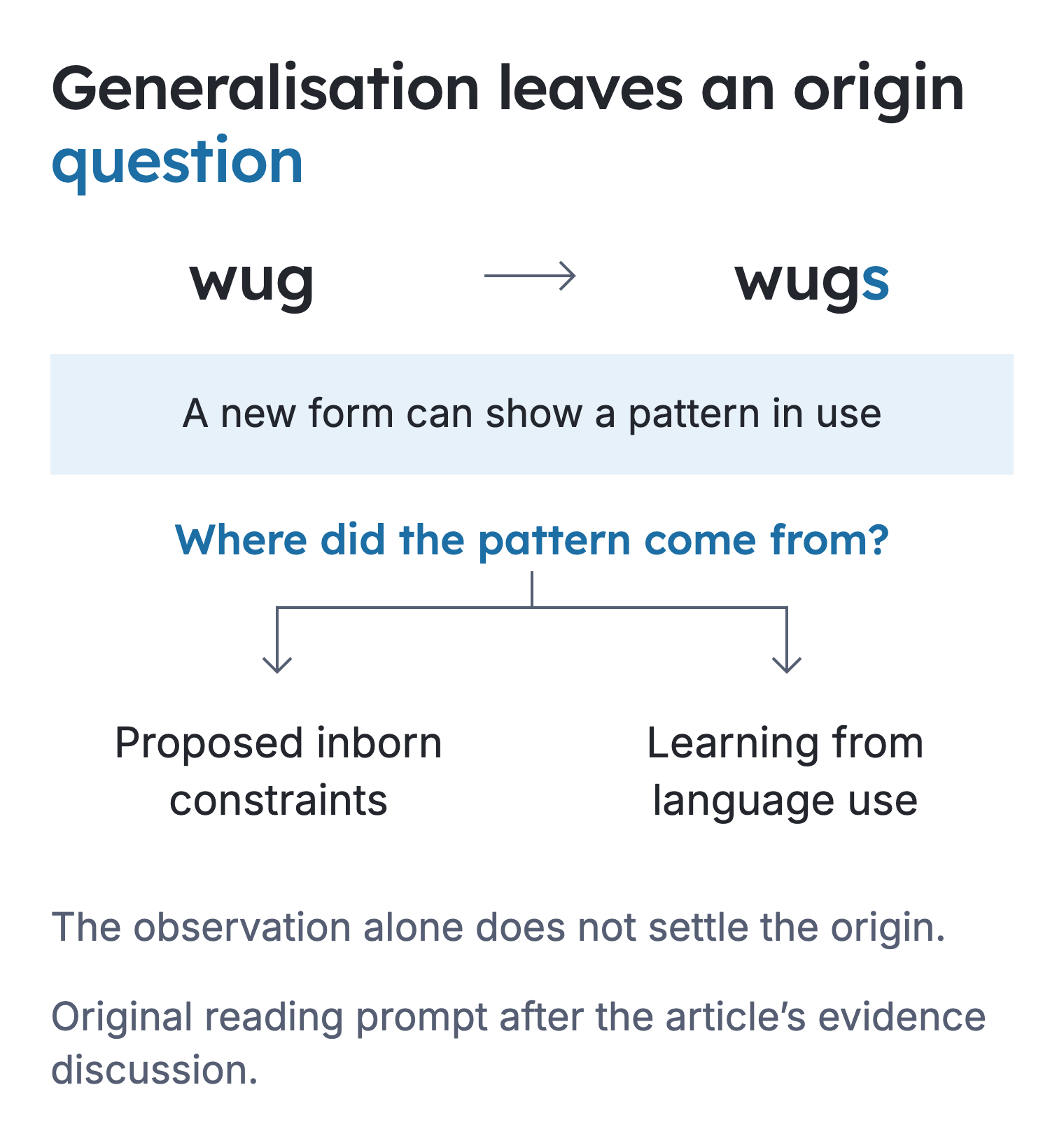 A wug-to-wugs example leads to an open question about inborn constraints and patterns learned from language use.