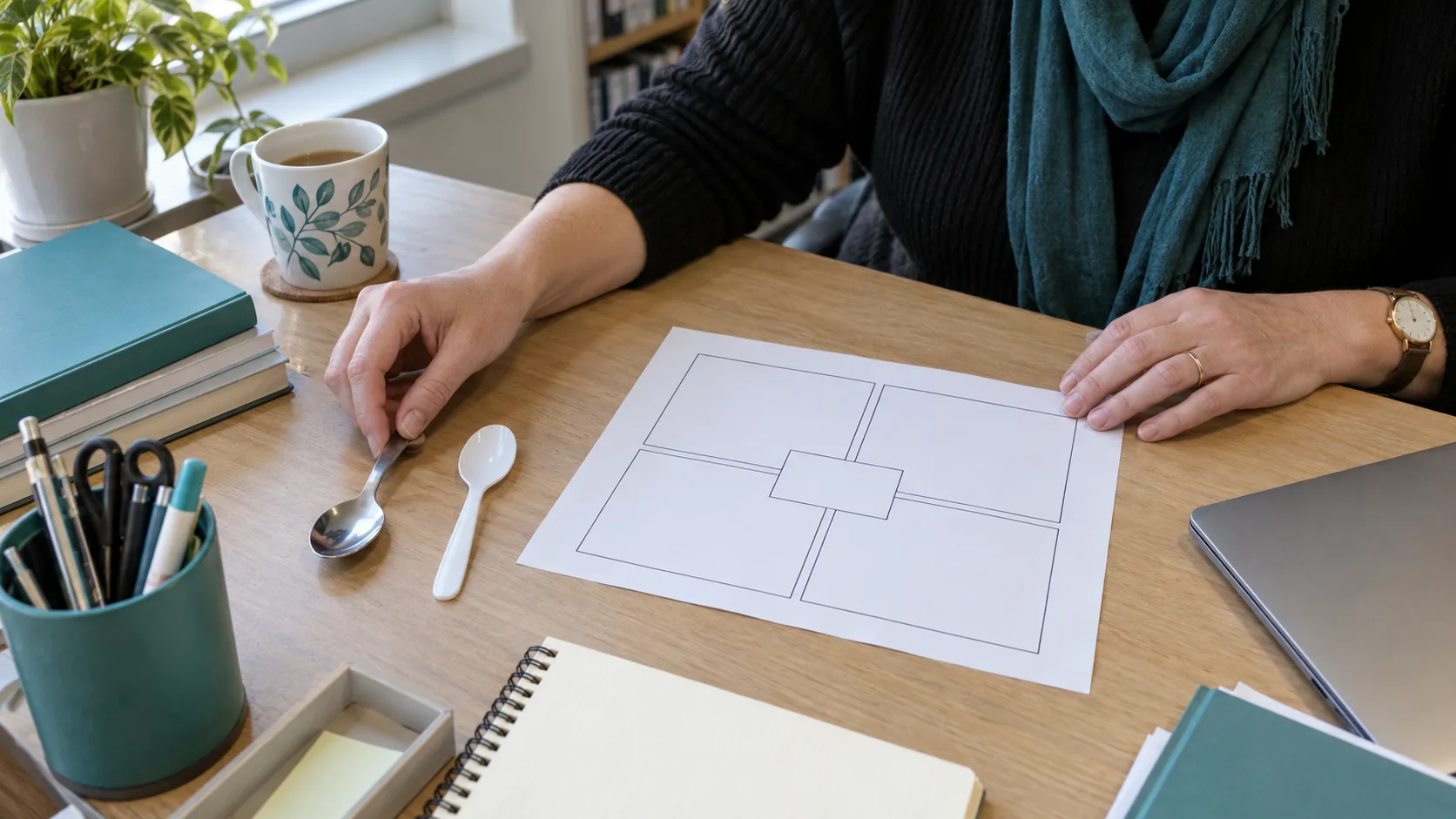 A teacher prepares a four-quadrant vocabulary organiser beside metal and plastic spoons.