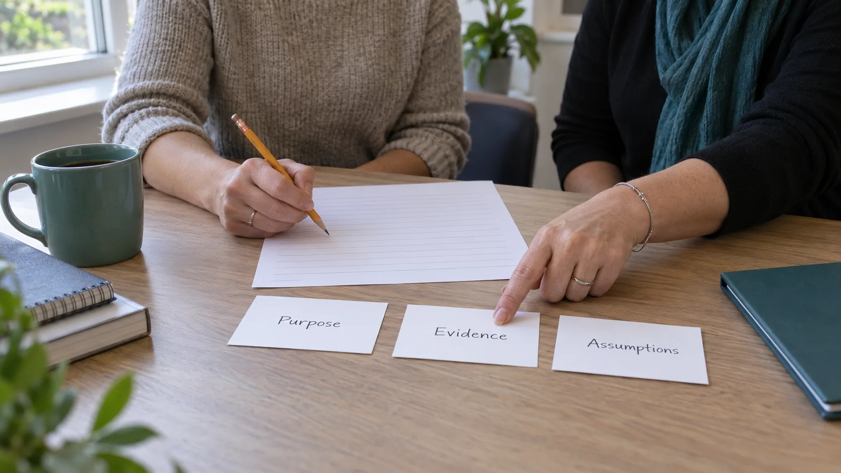 Two teachers use Purpose, Evidence and Assumptions prompt cards while preparing a lesson.