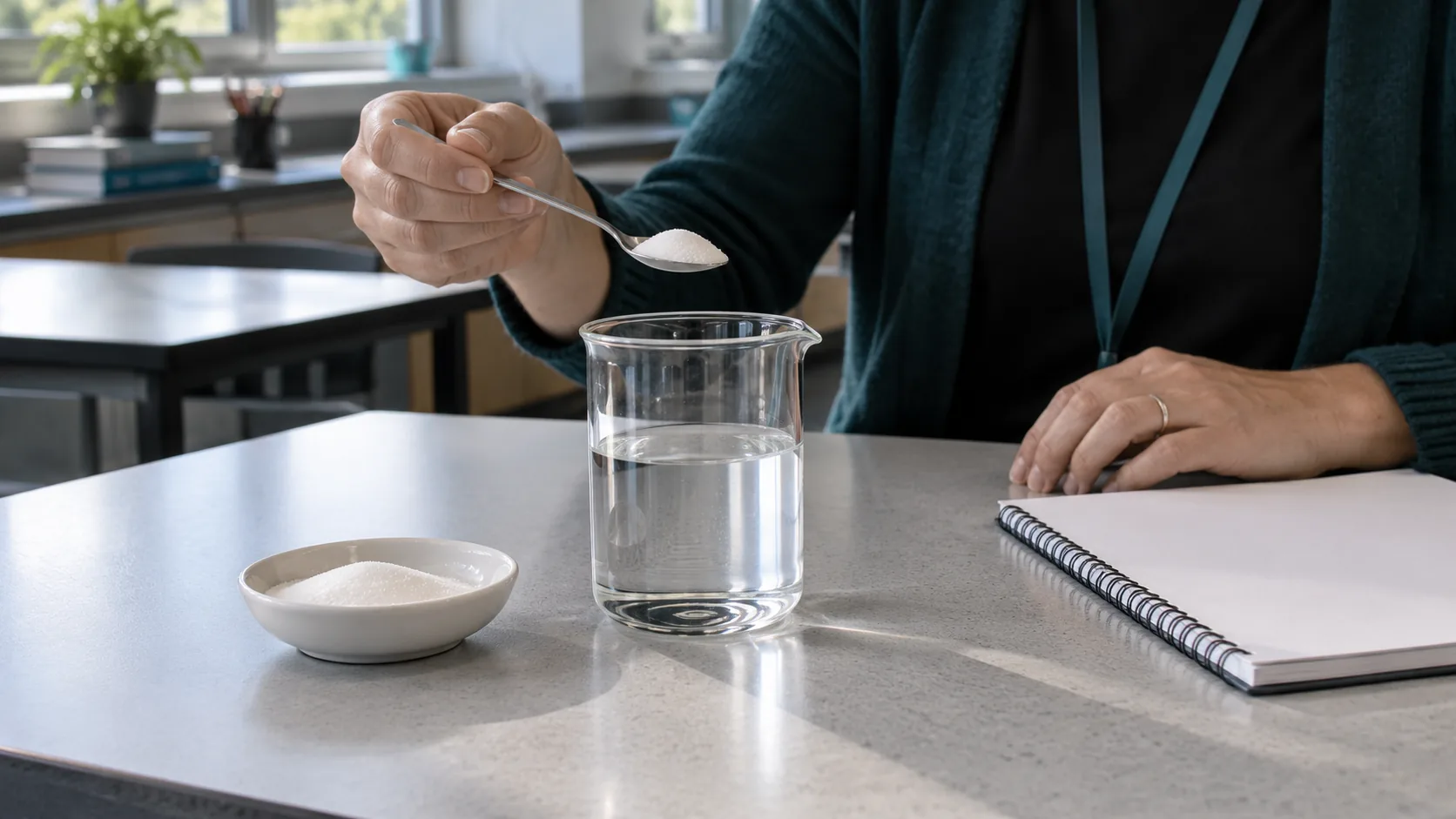 A teacher prepares a sugar-dissolving demonstration with water, a teaspoon and a blank planning notebook.