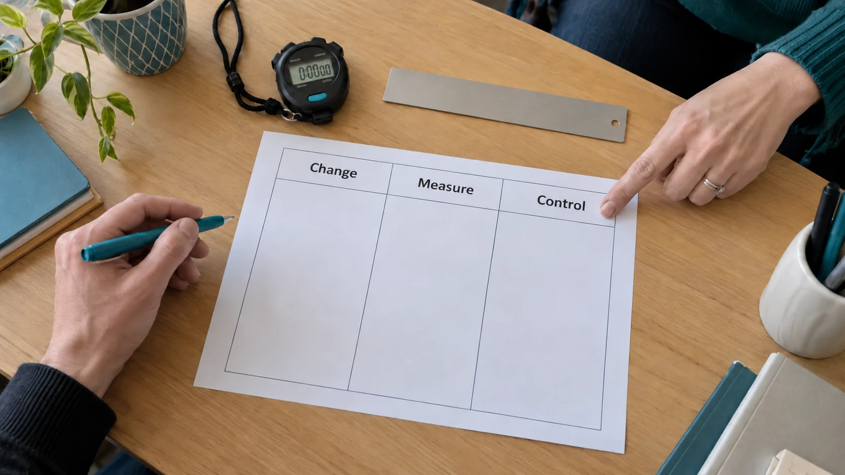 A teacher prepares a Change, Measure and Control grid beside a stopwatch and plain metal straightedge.