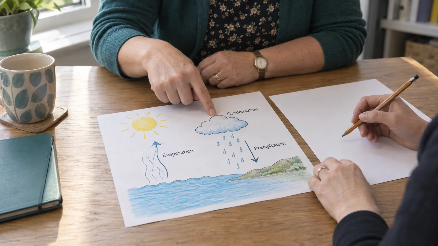 Two teachers review the words and diagram on a water-cycle teaching sheet beside a blank lesson plan.