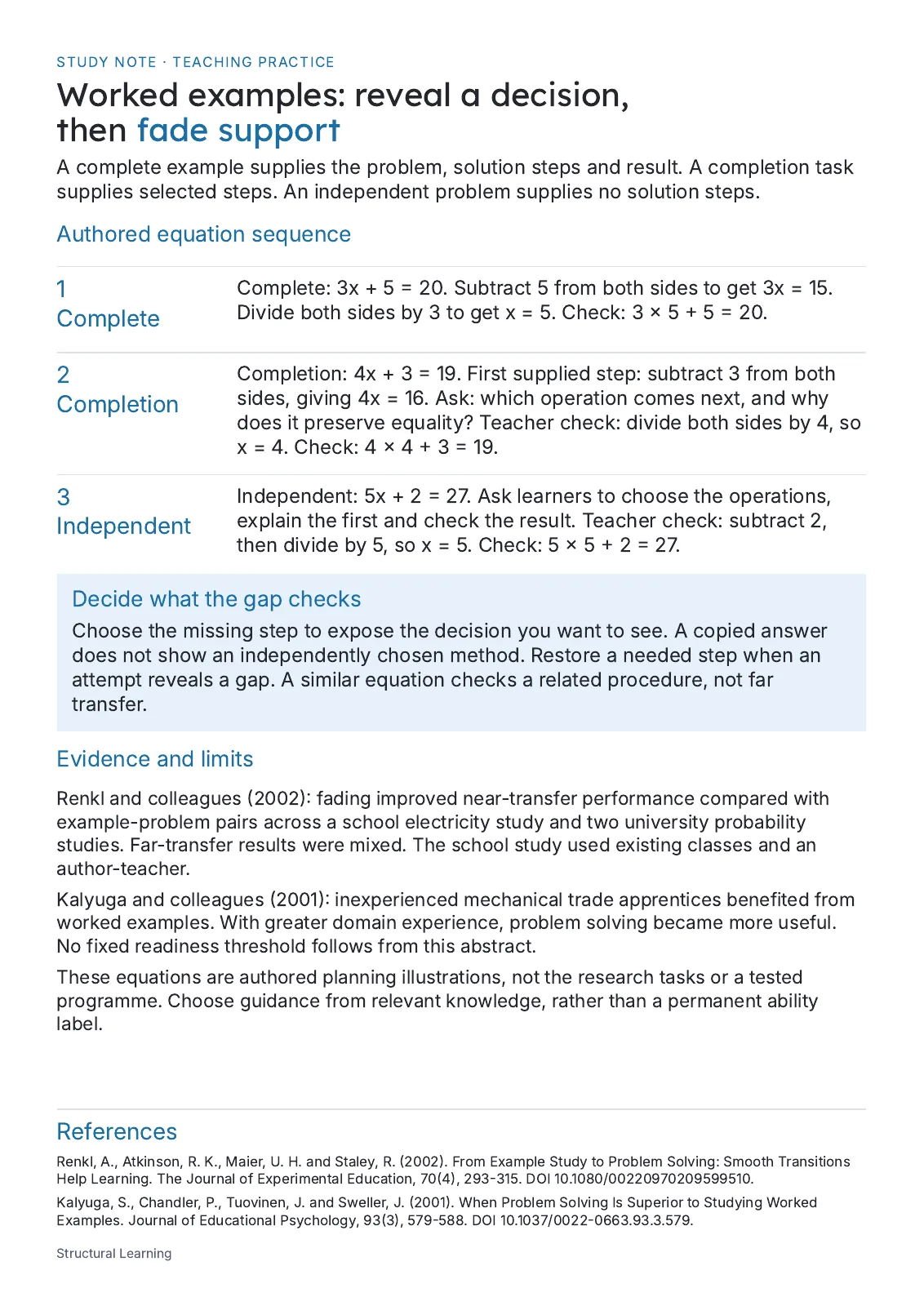 One-page note with an algebra sequence, guidance decisions and the limits of two research studies.