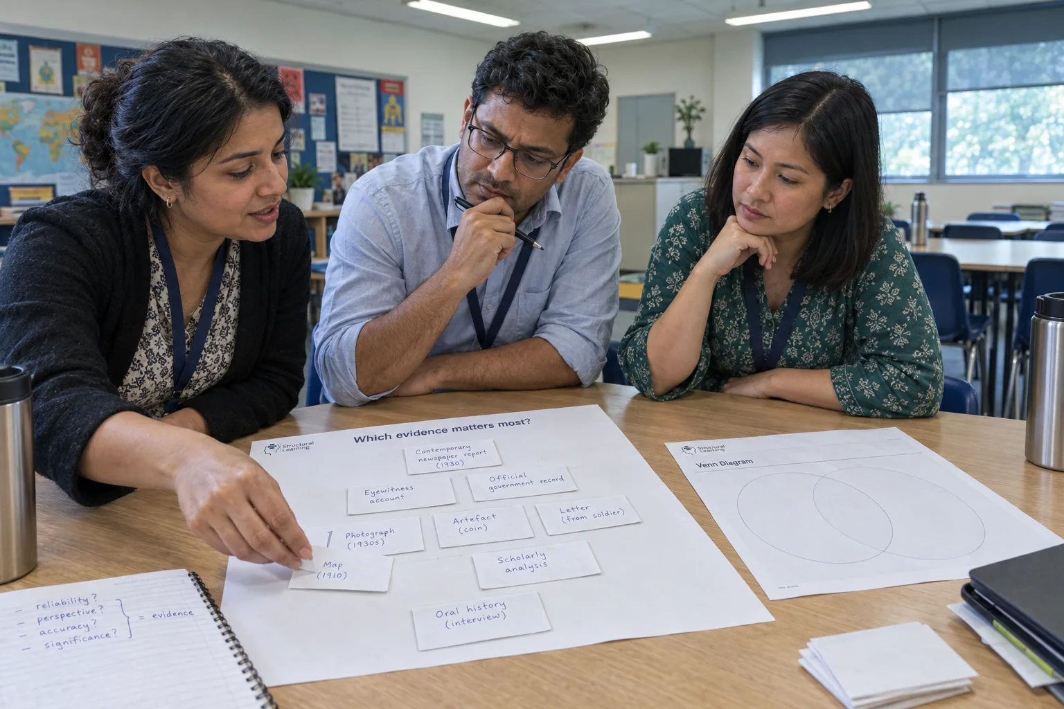 Three teachers at a staff session ranking pieces of historical evidence on a Diamond 9 organiser, deciding which matters most.