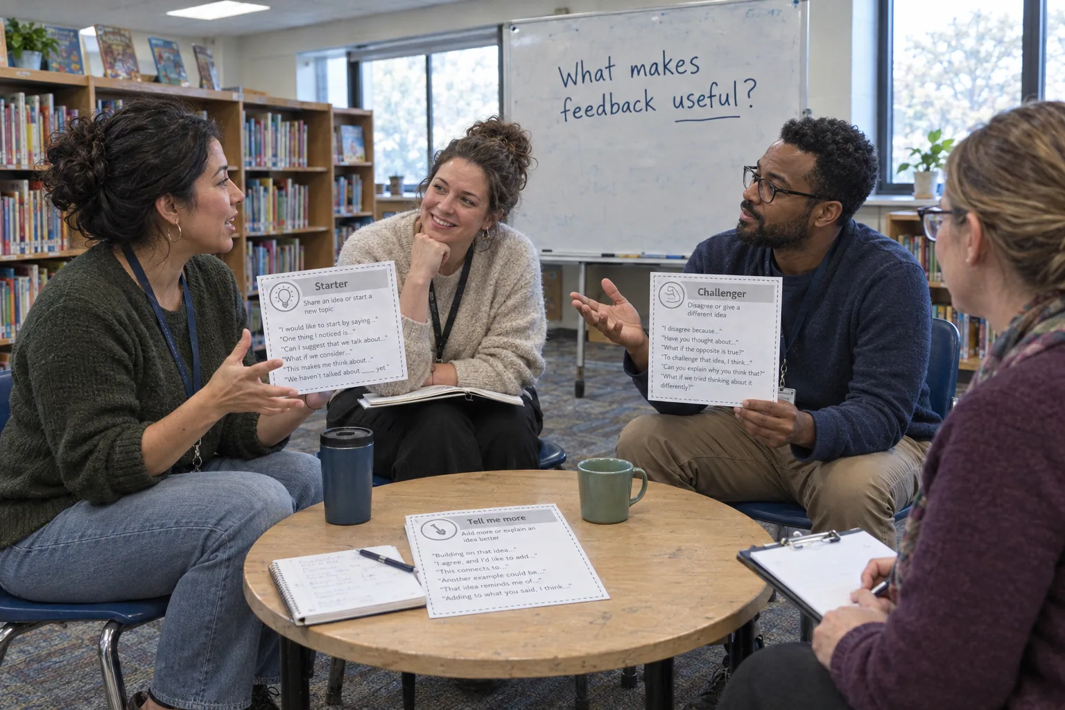 Four teachers holding Talk Tactics role cards, one speaking, rehearsing a discussion about what makes feedback useful.