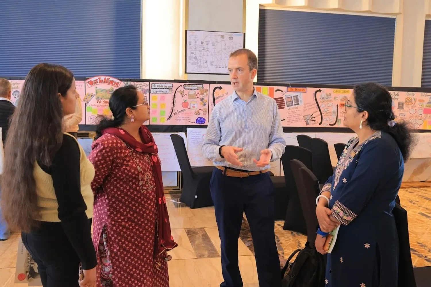 Paul Main talking with four teachers in front of a wall of learning journeys they have drawn.