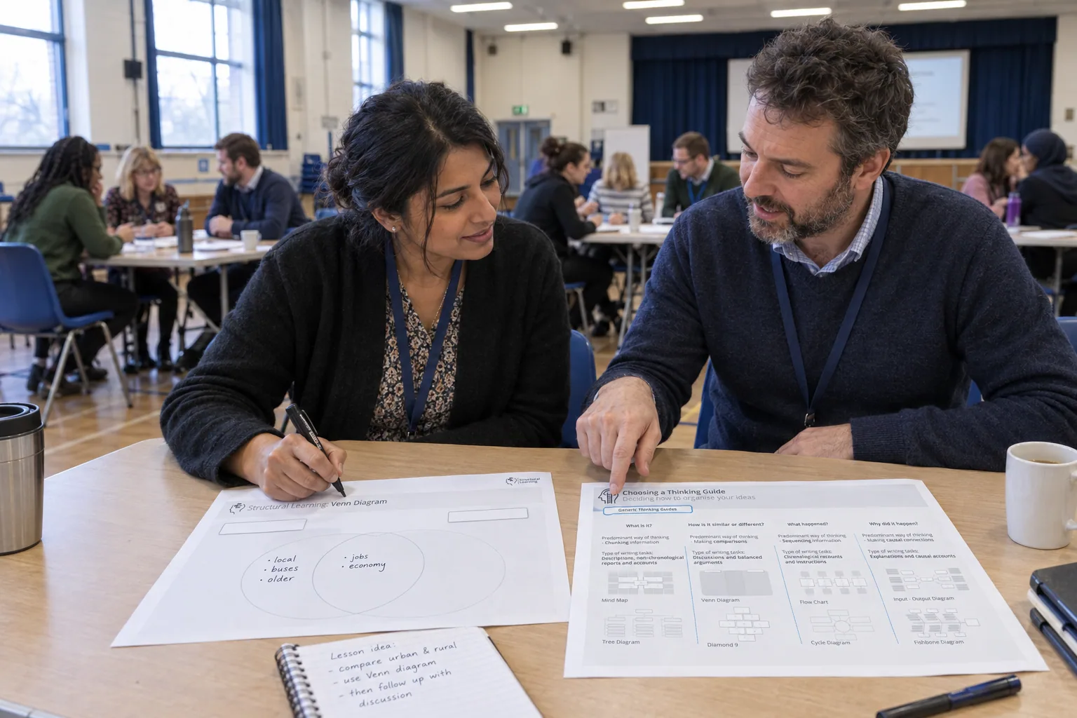 Two teachers at a staff session comparing organisers to choose a thinking guide for a lesson.