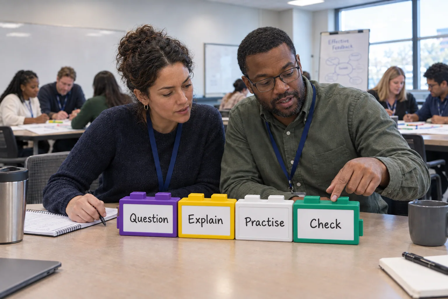 Two teachers in a full workshop room building a four-step learning journey, Question, Explain, Practise, Check, with Writer's Block.