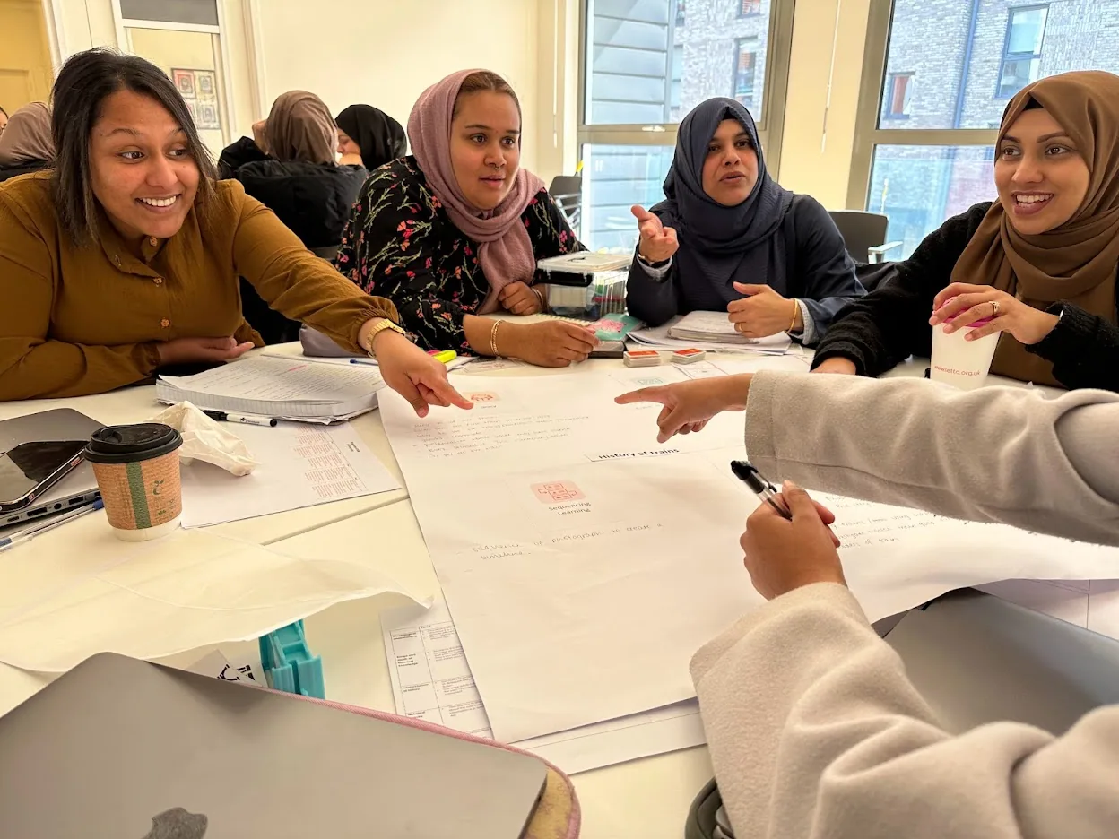 A group of early career teachers around a table, planning a topic on a large sheet of paper.