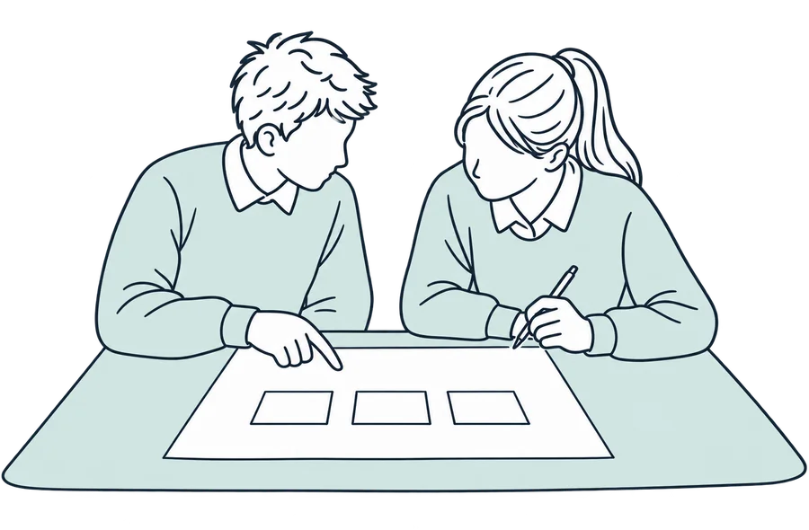 A line drawing of two learners leaning over one sheet of paper with three cards laid on it, one pointing, the other holding a pen