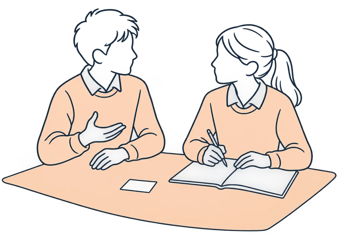A line drawing of two learners side by side at a table, one explaining with an open hand, the other listening with a pen paused over an exercise book
