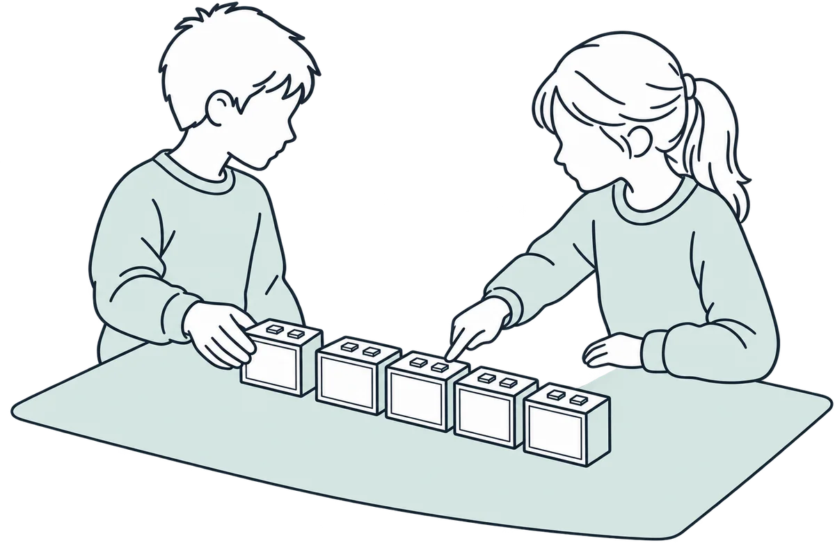 A line drawing of two learners at a table with a row of five dry-wipe bricks, one placing the next brick, the other pointing at the middle of the row