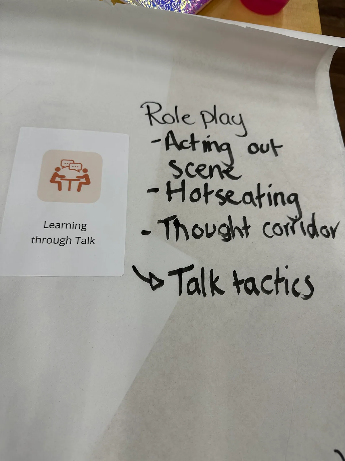 Teachers' notes headed Learning through Talk: role play, acting out a scene, hot seating, thought corridor, talk tactics
