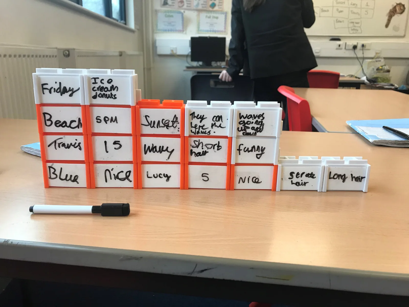 Writer's Block blocks in a row on a classroom table, one word or detail written on each: beach, five pm, sunset, lively, long hair