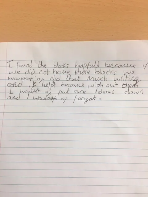A learner's handwritten note: I found the blocks helpful because if we did not have these blocks we would not have done that much writing