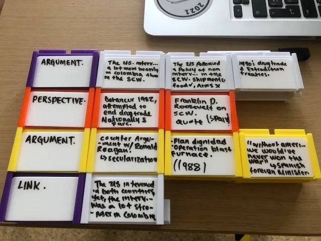 Writer's Block blocks laid out as an argument, labelled Argument, Perspective, Argument and Link, each filled with handwritten history notes.