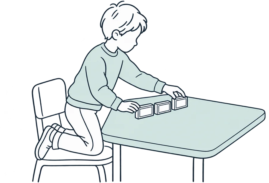 A line drawing of a young learner kneeling up on a chair, placing a third dry-wipe brick at the end of a row