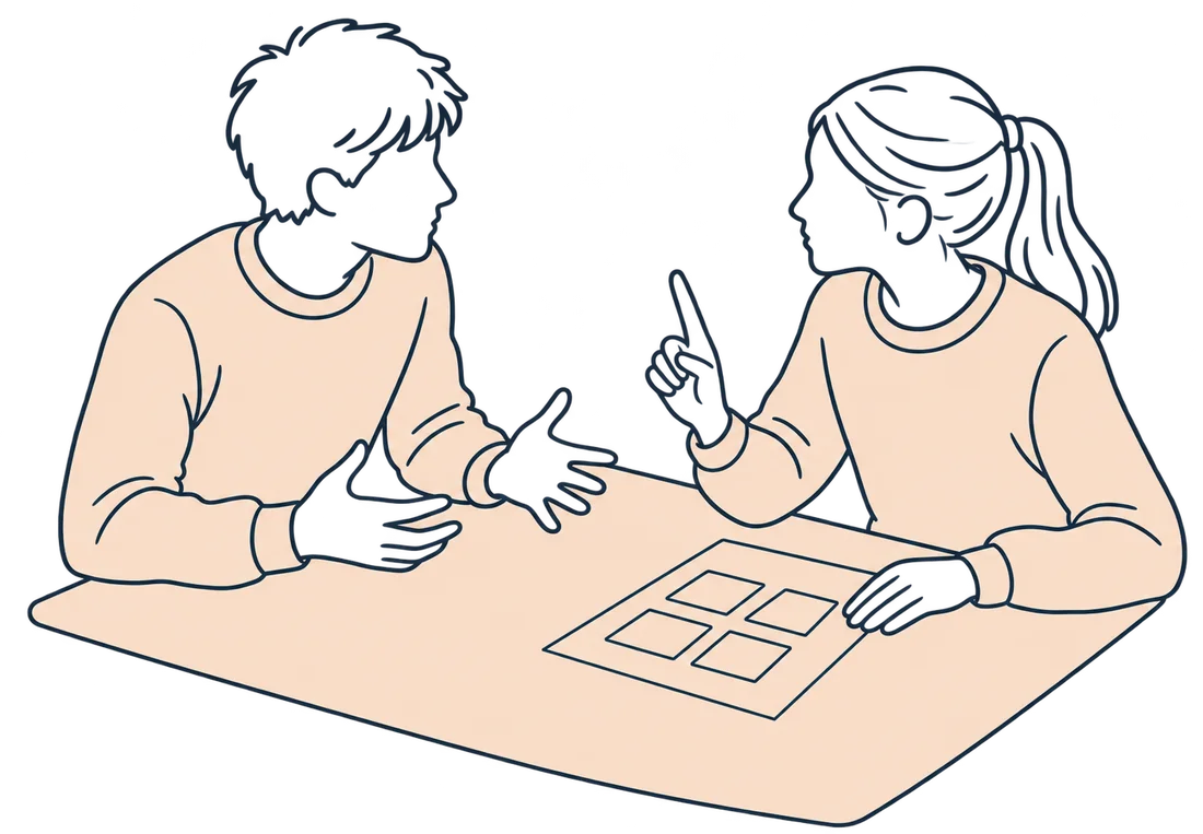 A line drawing of two older learners across the corner of a table, one arguing with open hands, the other raising a finger to counter, four cards on the sheet between them