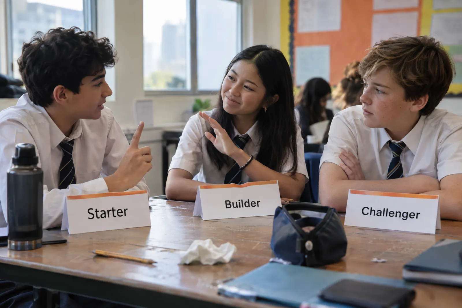 Three older learners round a table with role cards reading Starter, Builder and Challenger, one making a counterpoint while another shakes her head and smiles