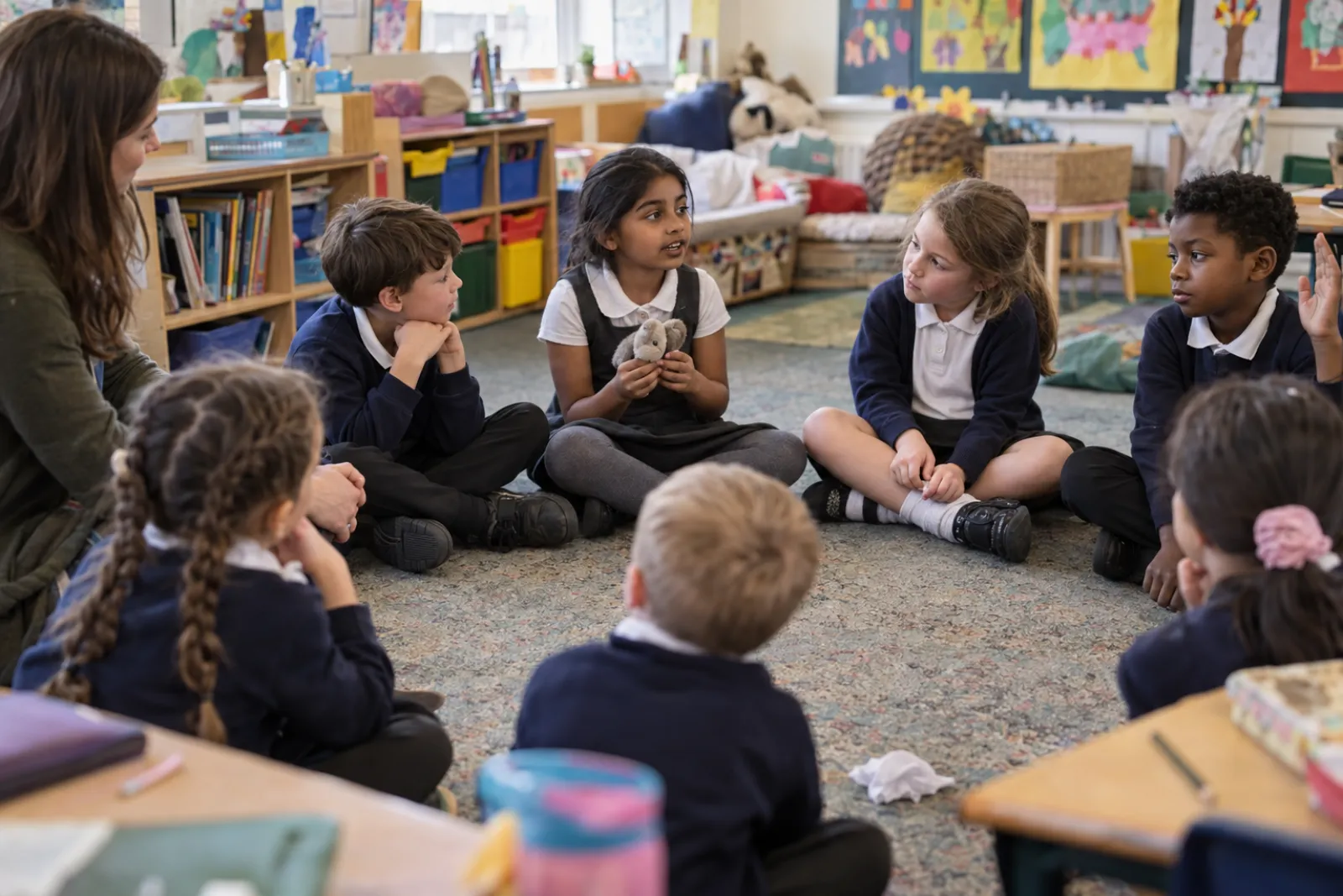 Young learners sitting in a circle on the classroom carpet, one speaking while holding an object, the others listening