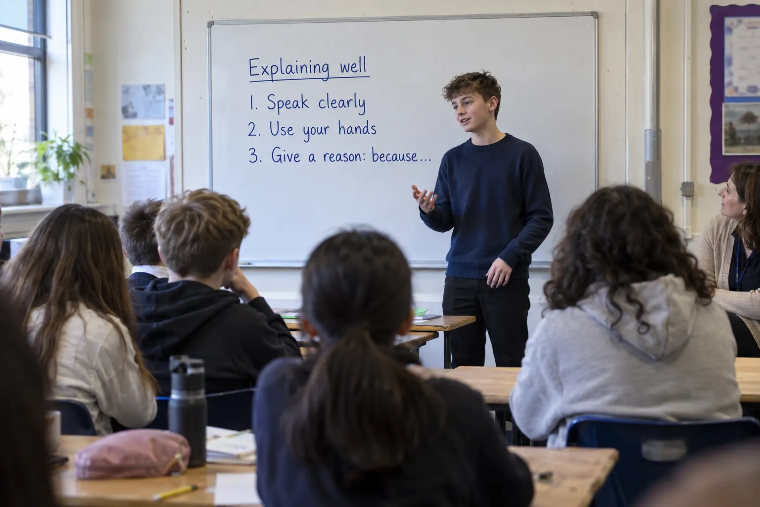 A learner stands at the front and explains to the class with an open hand. The whiteboard behind him reads: Explaining well. 1. Speak clearly. 2. Use your hands. 3. Give a reason: because...