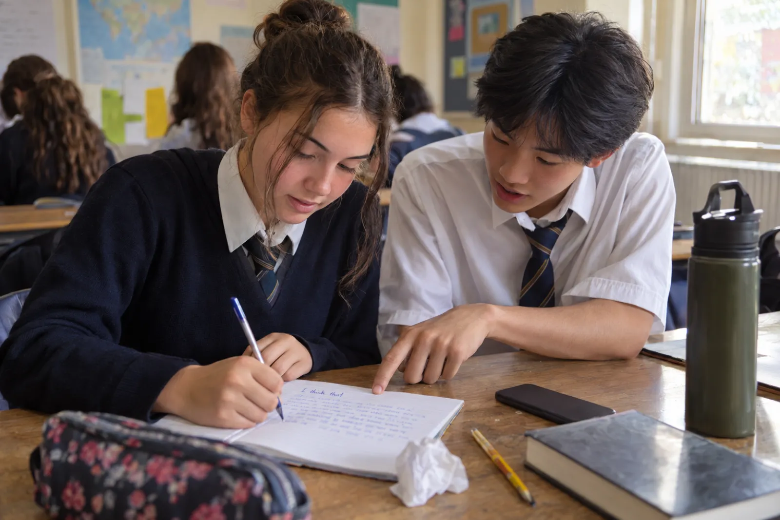 Two older learners at a desk, one writing in an exercise book while the other points to a line on the page