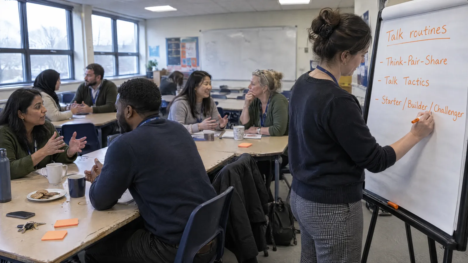 Teachers practise talk roles in pairs at a staff training session while a trainer writes on a flip chart headed Talk routines: Think-Pair-Share, Talk Tactics, Starter / Builder / Challenger