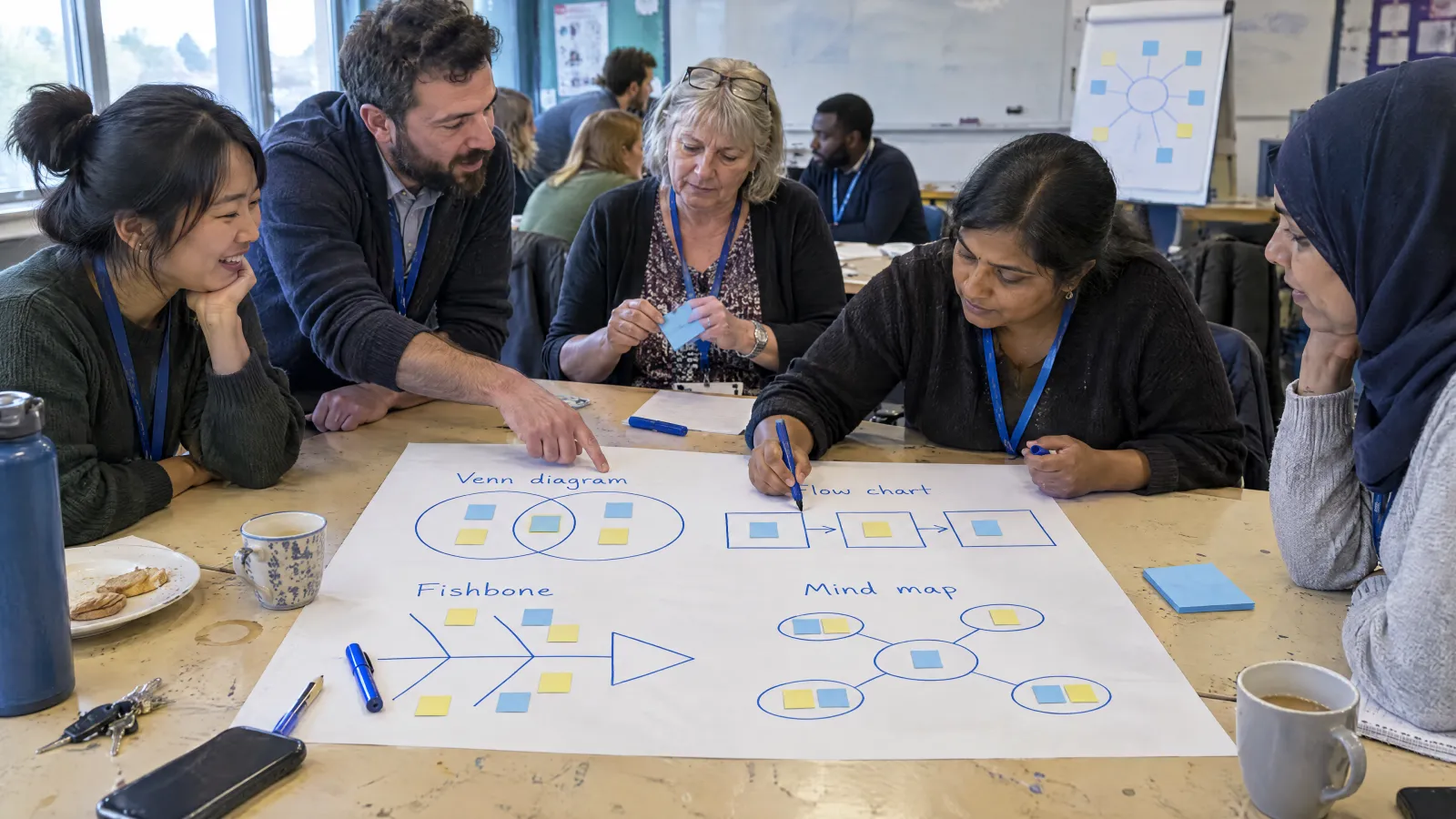 Teachers at a staff session draw a Venn diagram, a flow chart, a fishbone and a mind map on one large sheet, with sticky notes on each