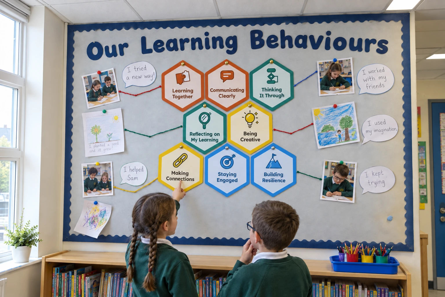 Illustration of a classroom display for learners aged 7 to 8, headed Our Learning Behaviours, with the eight hexagon badges in a honeycomb, joined by wool to learners' work and speech bubbles. Two learners look at it, one pointing.
