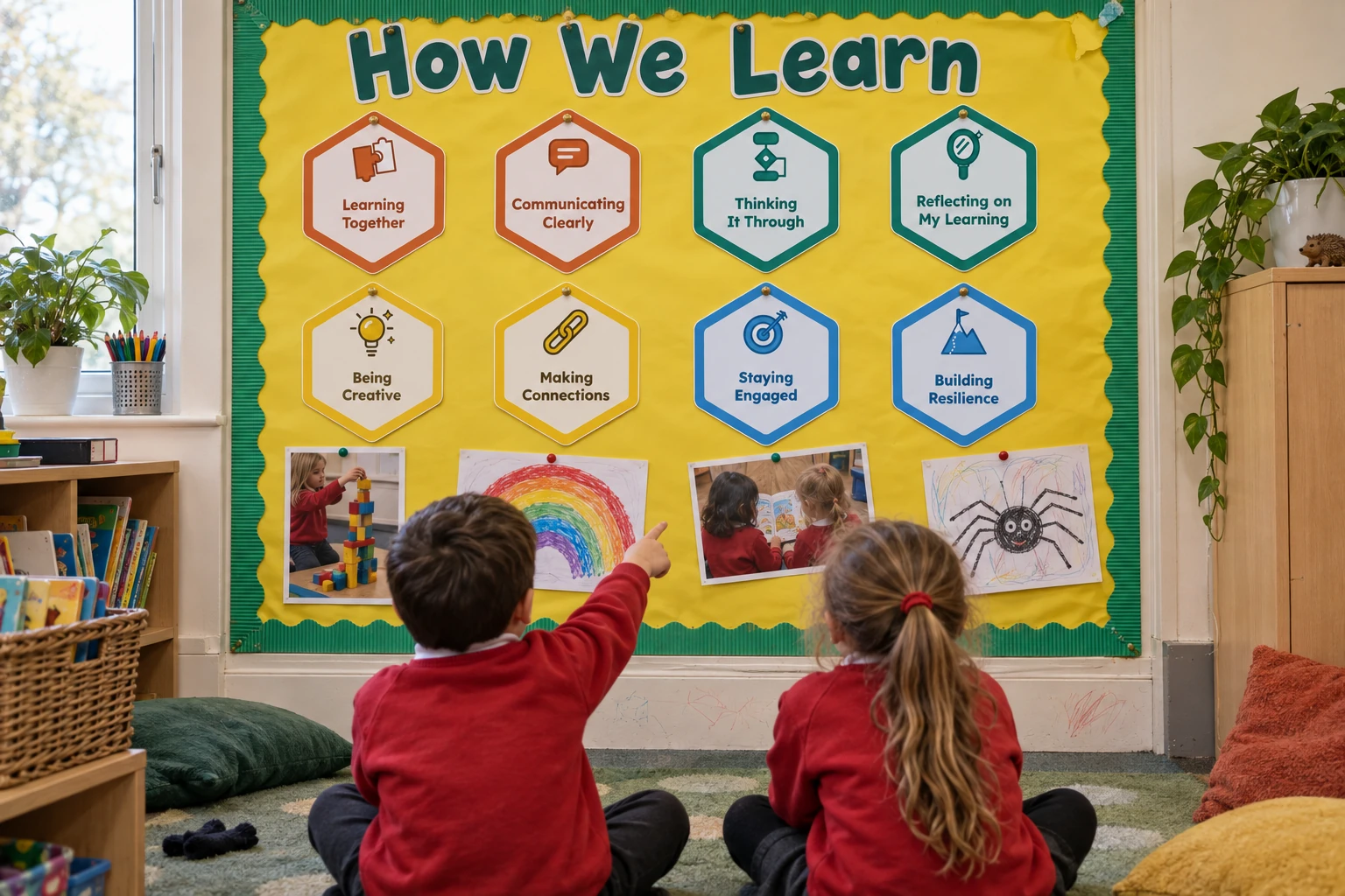 Illustration of a low yellow display headed How We Learn in a classroom for learners aged 5 to 6, with the eight hexagon badges in two rows of four above learners' photographs and drawings. Two learners sit on the carpet, one pointing.