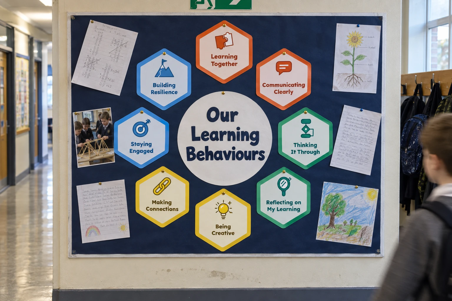 Illustration of a navy corridor display made by learners aged 9 to 10, with the eight hexagon badges in a ring round a round card that reads Our Learning Behaviours, and pieces of work at the edges.