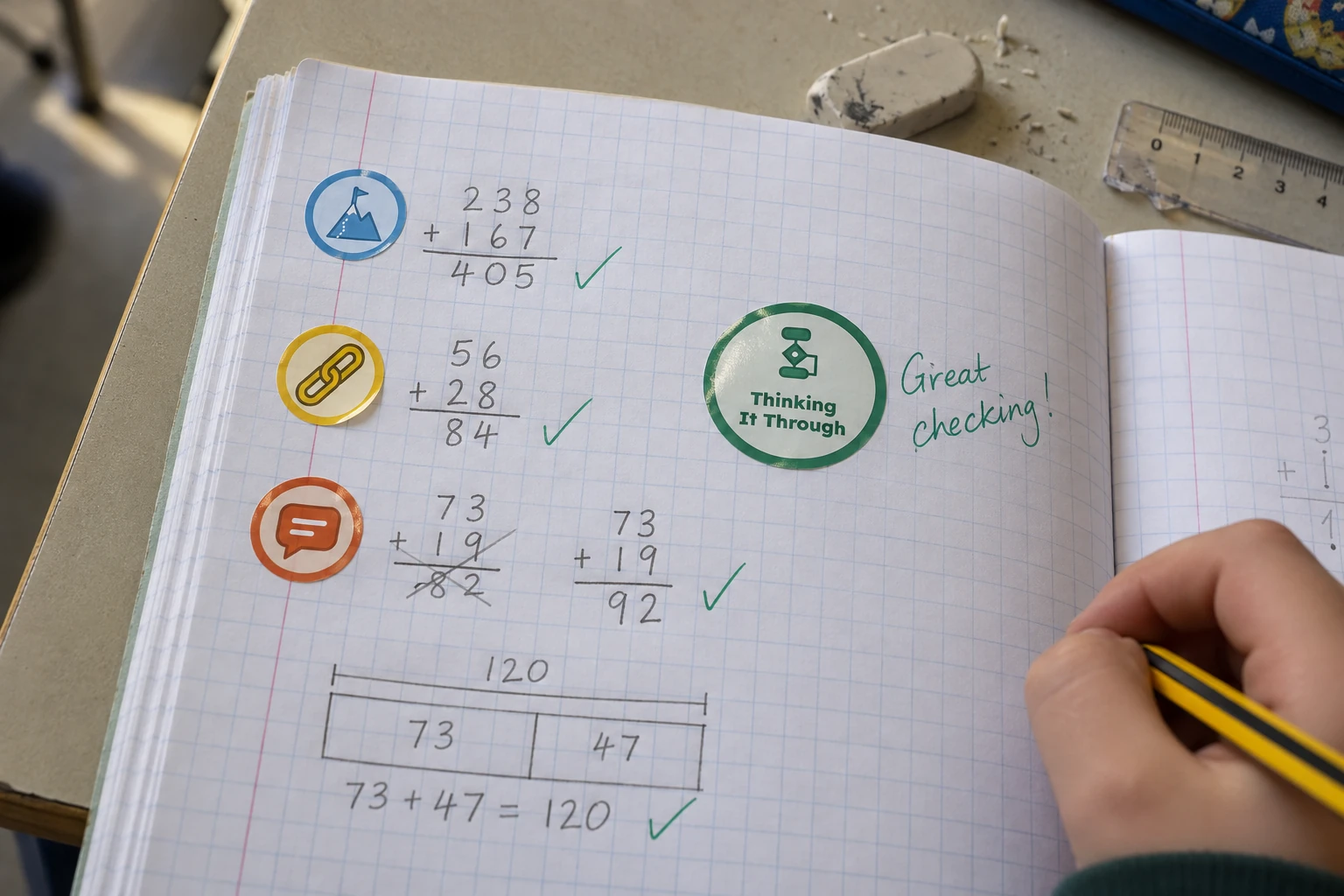 Illustration of the maths book of a learner aged 8 to 9: a round Thinking It Through sticker beside the teacher's comment Great checking, and three small icon-only stickers down the margin beside the sums.