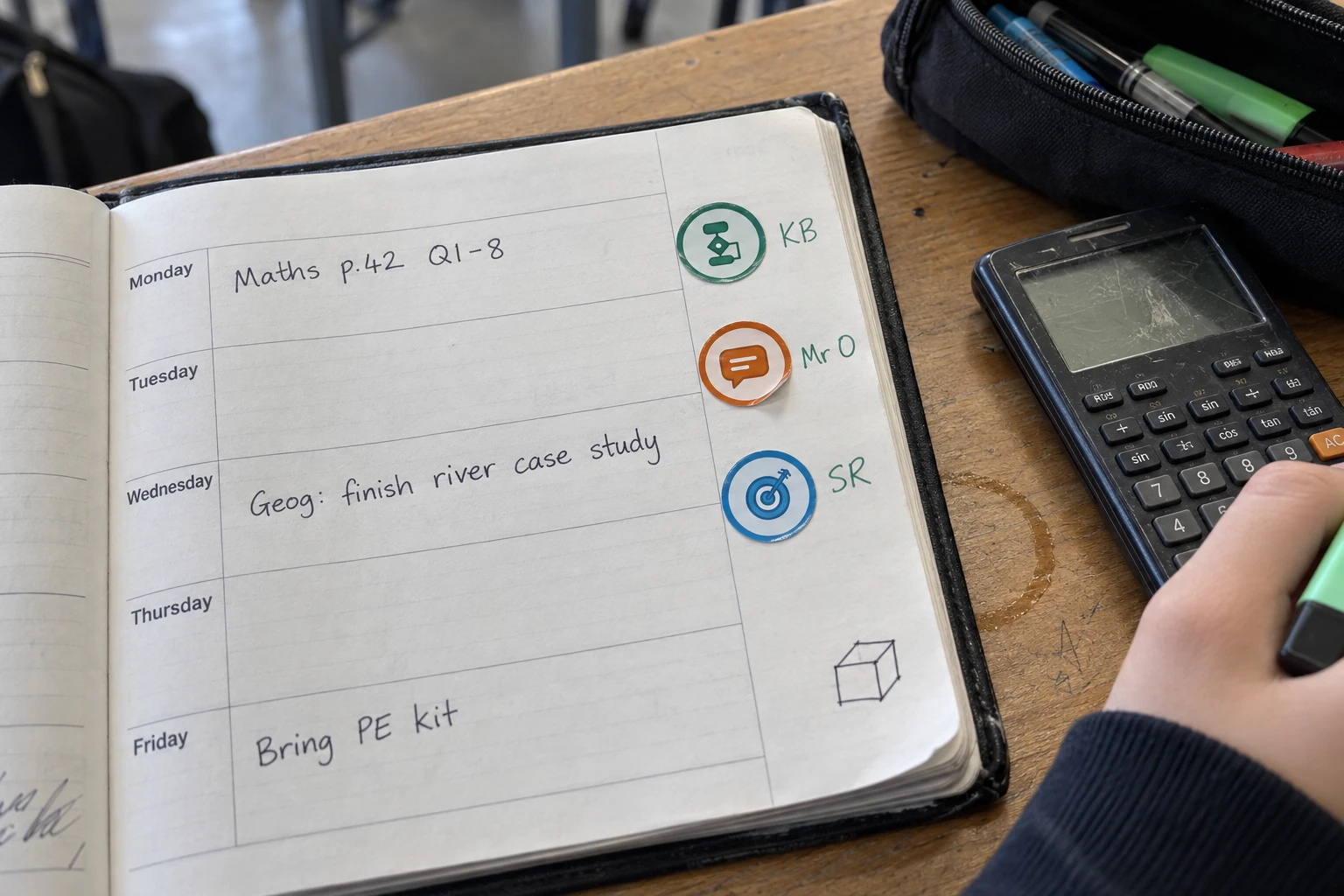 Illustration of the planner of a learner aged 13 to 14, with three small round icon-only stickers down the margin, each beside a teacher's initials.