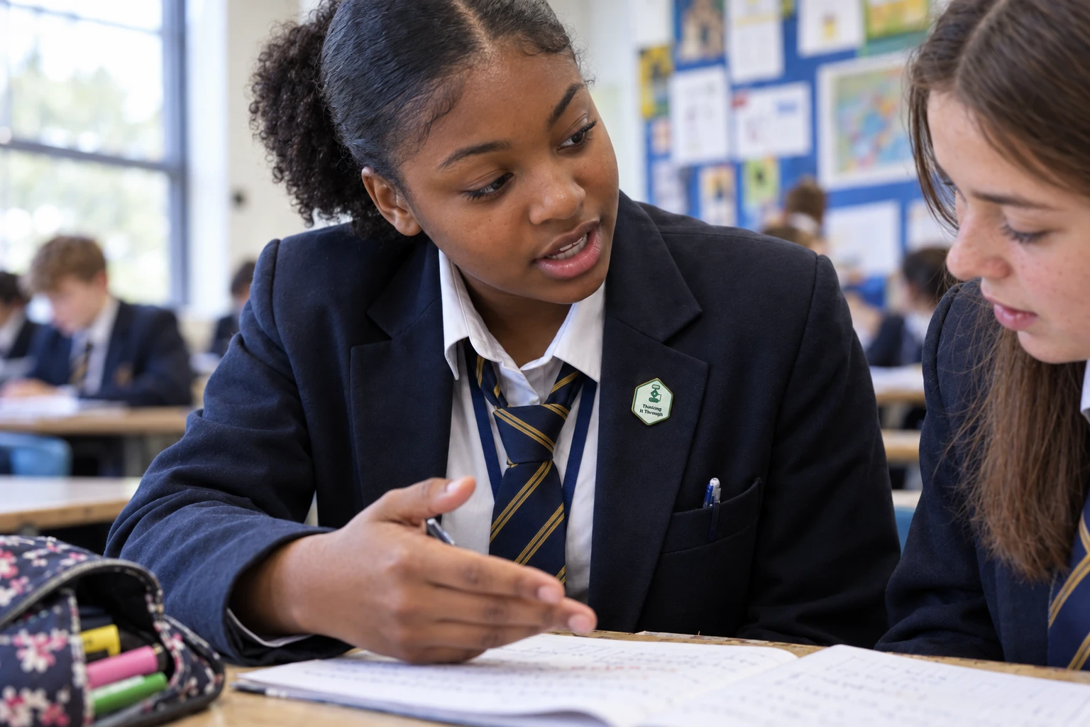 Illustration of a learner aged 14 to 15 explaining her work, with a small green Thinking It Through hexagon pin on her blazer lapel.