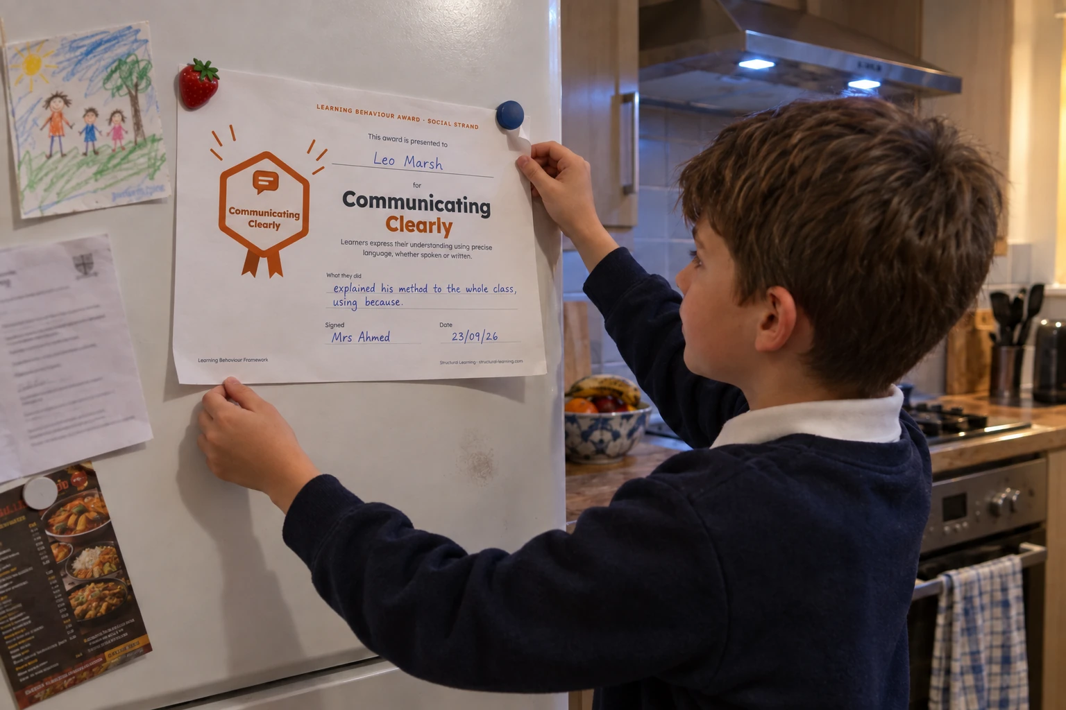 Illustration of a boy at home straightening a Communicating Clearly certificate on the fridge door. His teacher has written his name and what he did: explained his method to the whole class, using because.