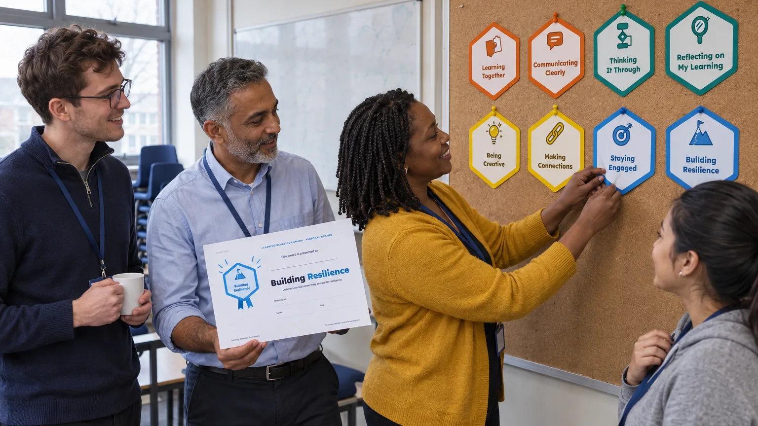Four teachers at a staff session stand at a noticeboard where the eight Learning Behaviour badges are pinned; one pins up Staying Engaged while another holds a Building Resilience certificate