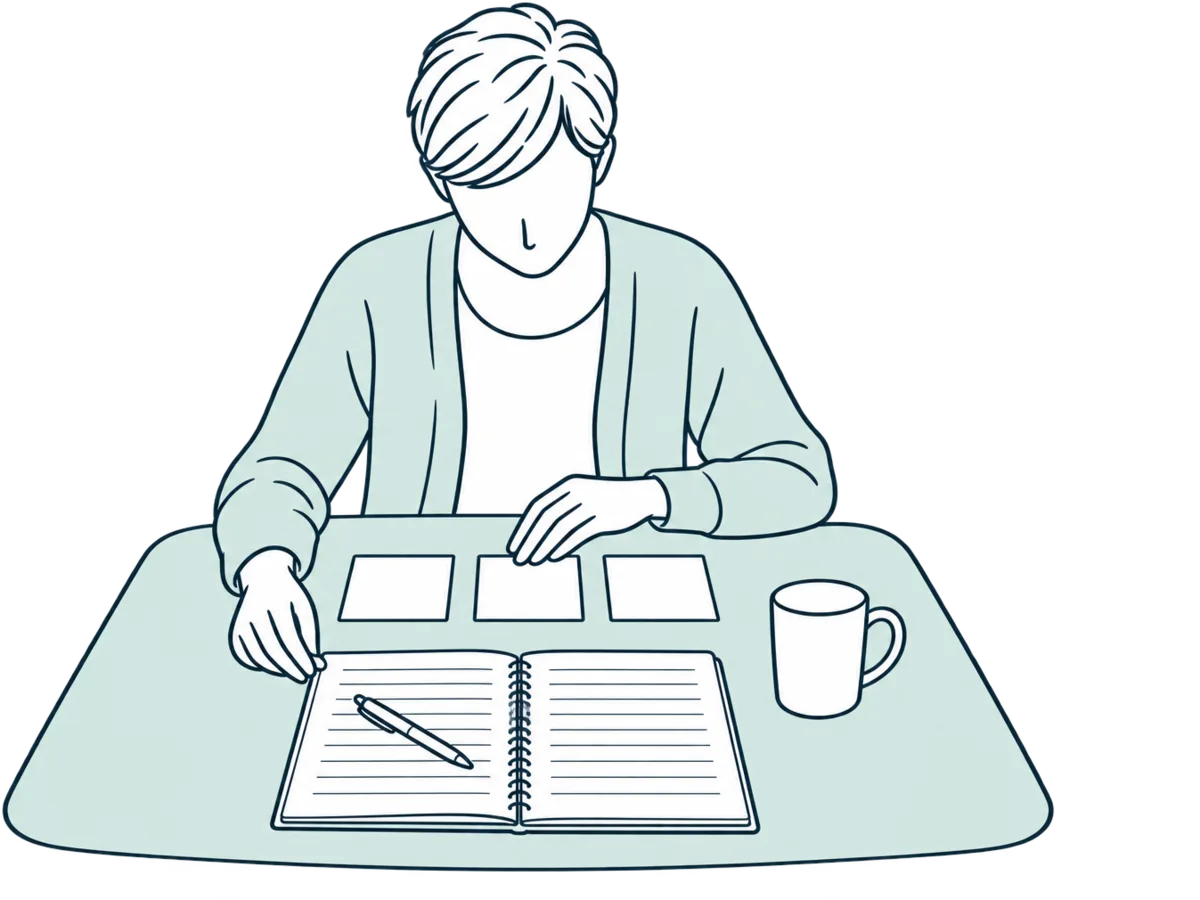 A line drawing of a teacher at a desk with three cards laid out above an open planner