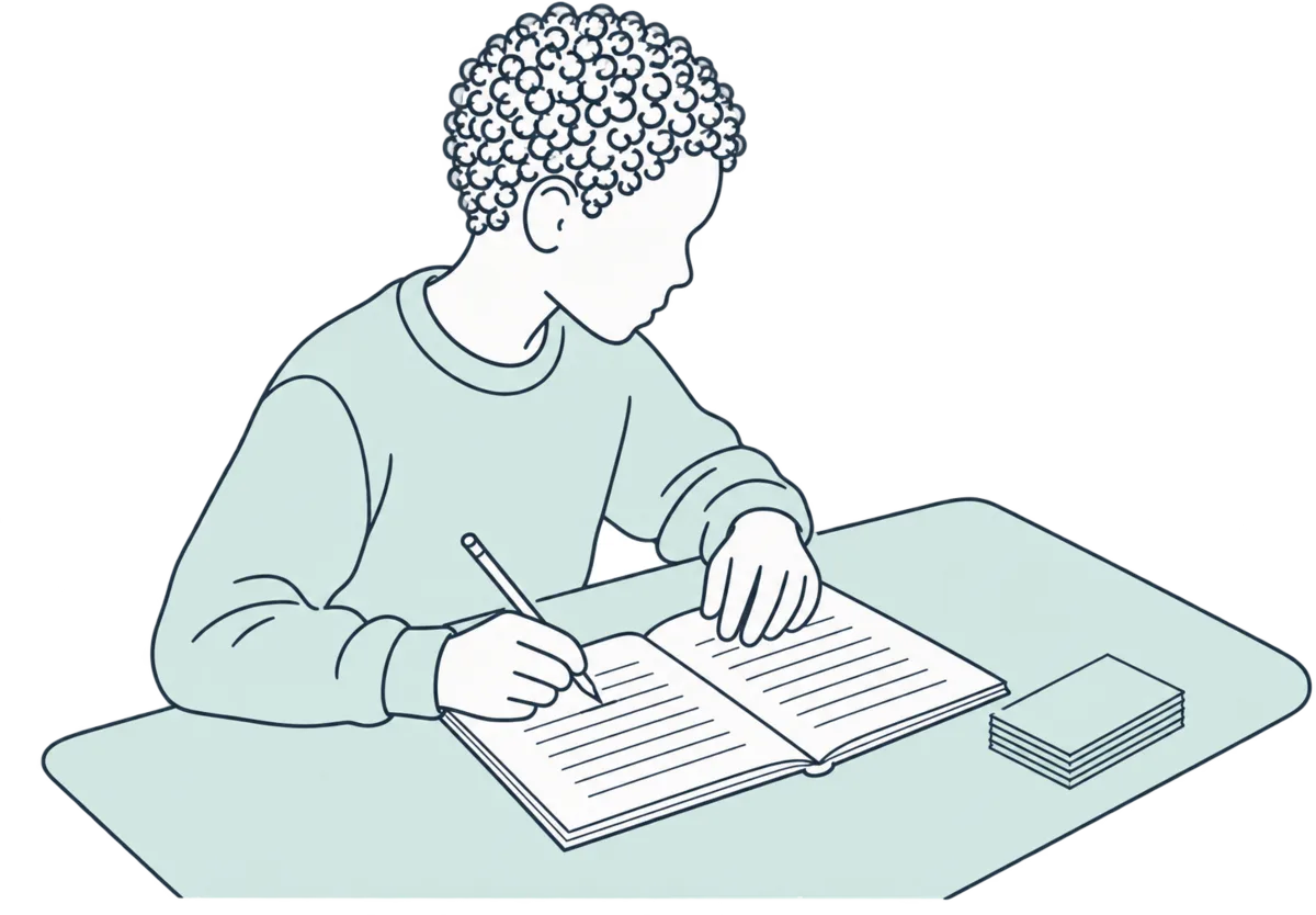 A line drawing of a learner reading and underlining, with a small stack of cards beside the book