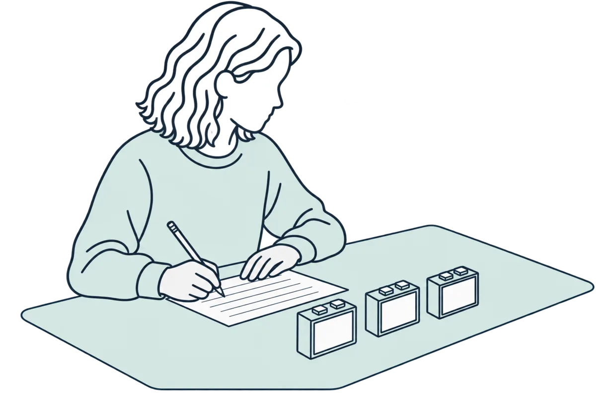 A line drawing of a learner writing in a book, three blocks lined up on the desk beside the page