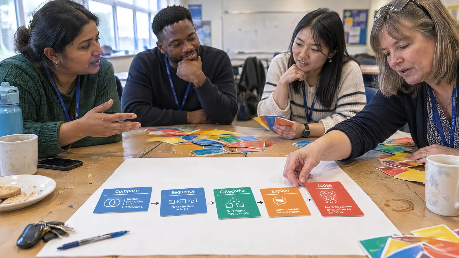 Teachers at a staff session lay Thinking Framework cards in a row to plan a lesson: Compare, Sequence, Categorise, Explain, Judge