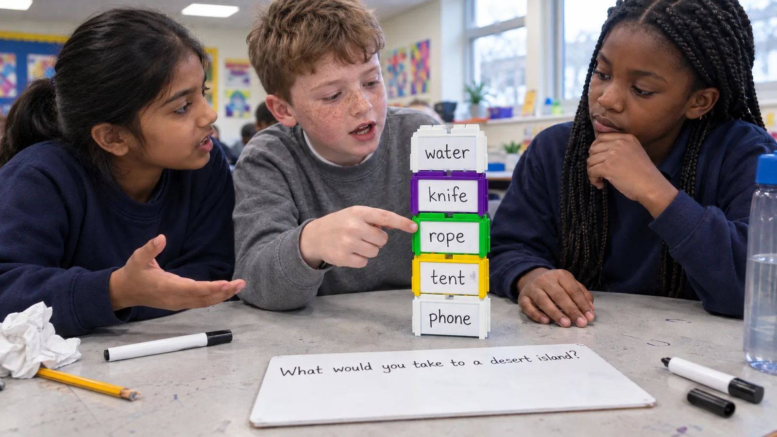 Illustration: three learners at a classroom table argue over a tower of five blocks labelled water, knife, rope, tent and phone. One boy points at rope, the girl beside him disagrees and the other girl thinks. A mini whiteboard asks: What would you take to a desert island?