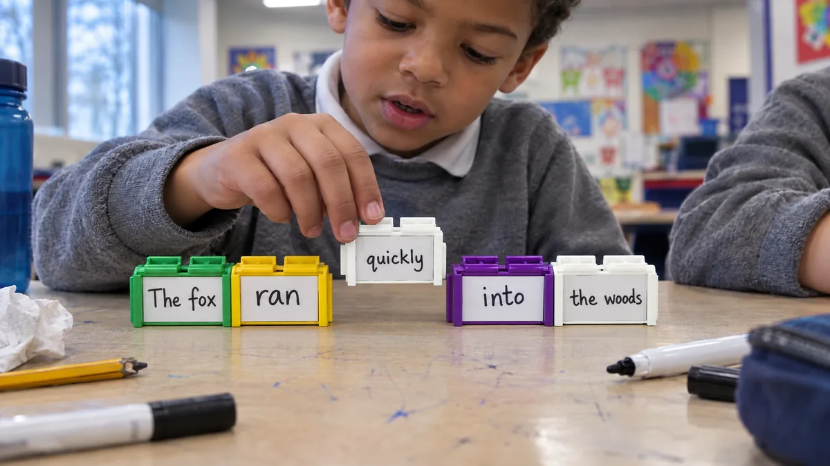 Illustration: a young boy lowers a block reading quickly into the gap in a row of blocks that reads The fox, ran, into, the woods